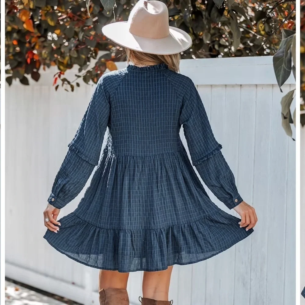 Cupshe Grid Print Navy Ruffled Mini Dress size L - Picture 14 of 14